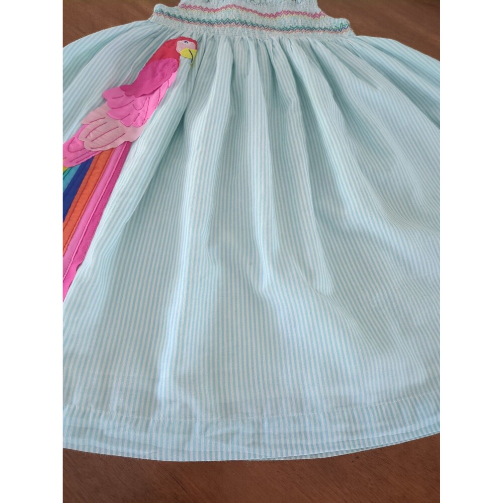 Mini Boden Girls Fun Appliqué Sun Dress Aqua Blue Ticking Parrot size 7/8 GUC - Picture 4 of 10